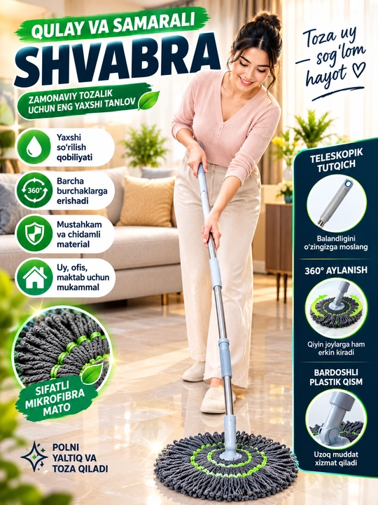 SHVABRA pol va kafellarni tozalash uchun, siquvchan mexanizmli, tozalash va yuvish uchun - 