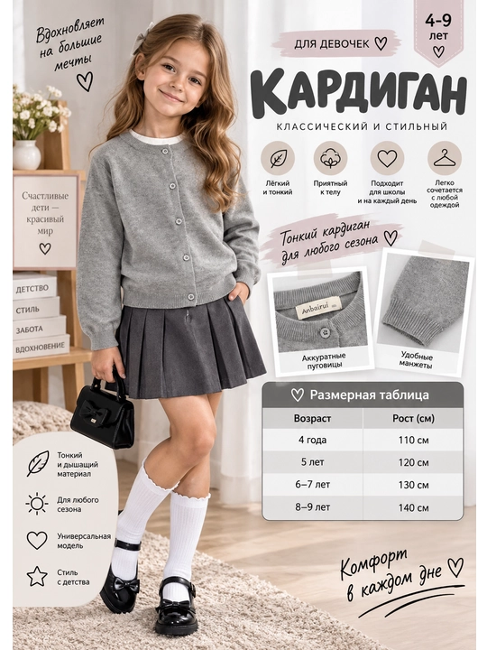 Qizlar uchun kardigan, tugmali kofta, kul rang, qora, siyoh rang, sariq - 