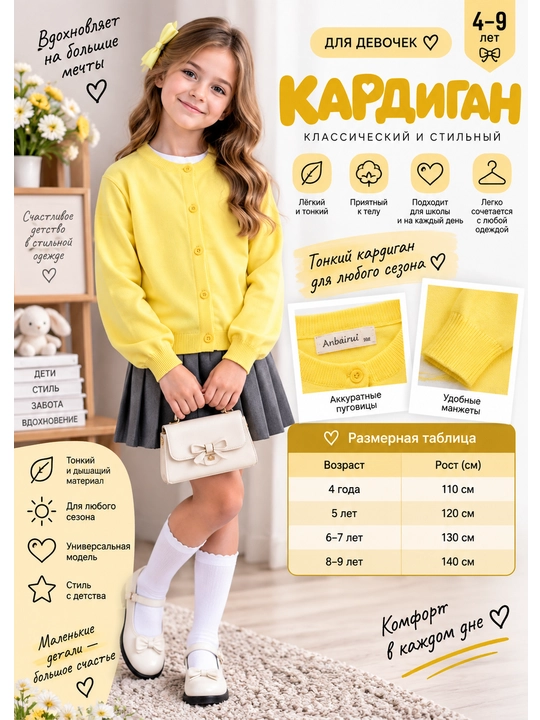 Qizlar uchun kardigan, tugmali kofta, kul rang, qora, siyoh rang, sariq - 
