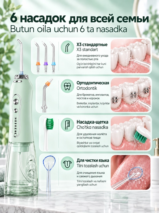 H2OFloss portativ irrigatori, 5 rejim, 8 nasadka, tish va milk kompleks parvarishi