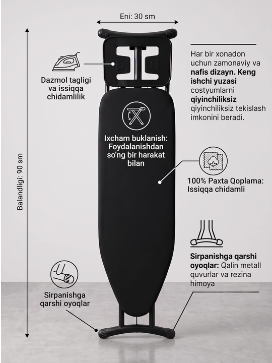 Dazmol taxtasi dazmol tagligi bilan, buklanadigan metall dazmol stoli, 90x30 sm - 