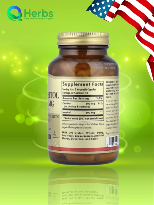 Xolin va Inozitol, Solgar, 500 mg / 500 mg, 100 kapsula