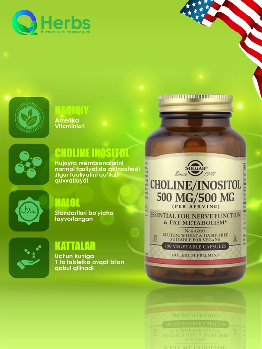 Xolin va Inozitol, Solgar, 500 mg / 500 mg, 100 kapsula - 