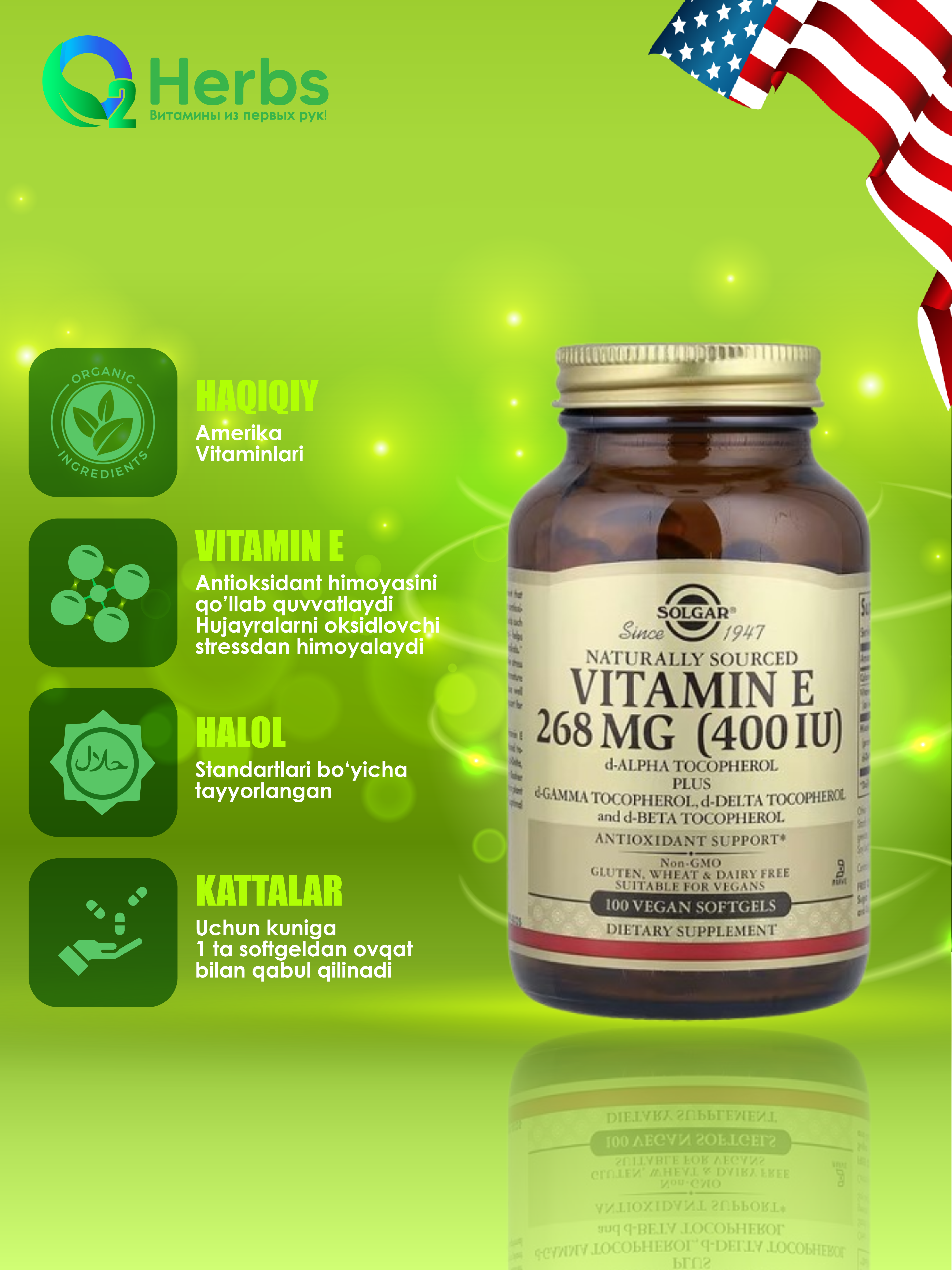 Vitamin E, Solgar, 268 mg (400 ME), 100 kapsula - 