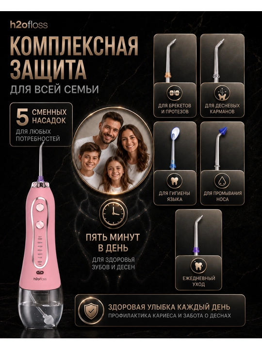 Ирригатор H2OFloss портативный, 5 режимов, 8 насадок, комплексный уход за зубами и деснами