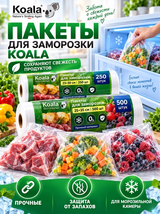 Пакеты для заморозки продуктов Koala в рулоне, 60/100/250/500 шт - 
