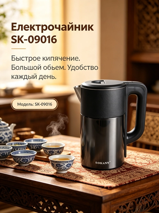 Электрочайник SOKANY SK-09016, 2,5 л, 1500 Вт, нержавеющая сталь, защита от сухого хода