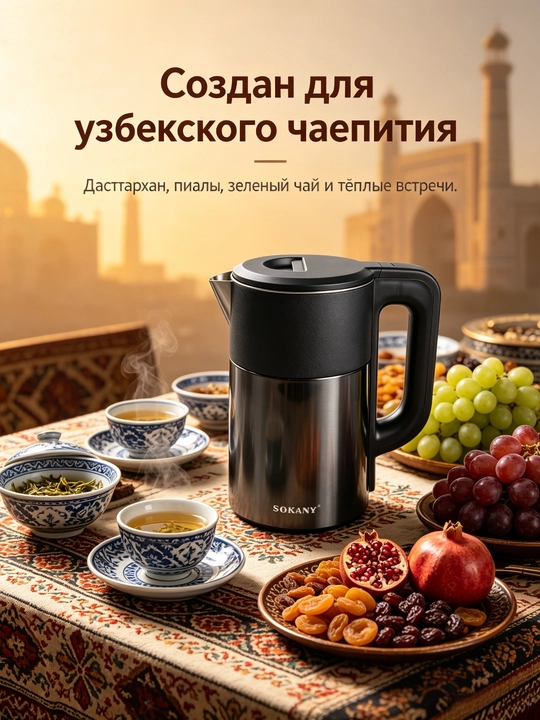 Электрочайник SOKANY SK-09016, 2,5 л, 1500 Вт, нержавеющая сталь, защита от сухого хода