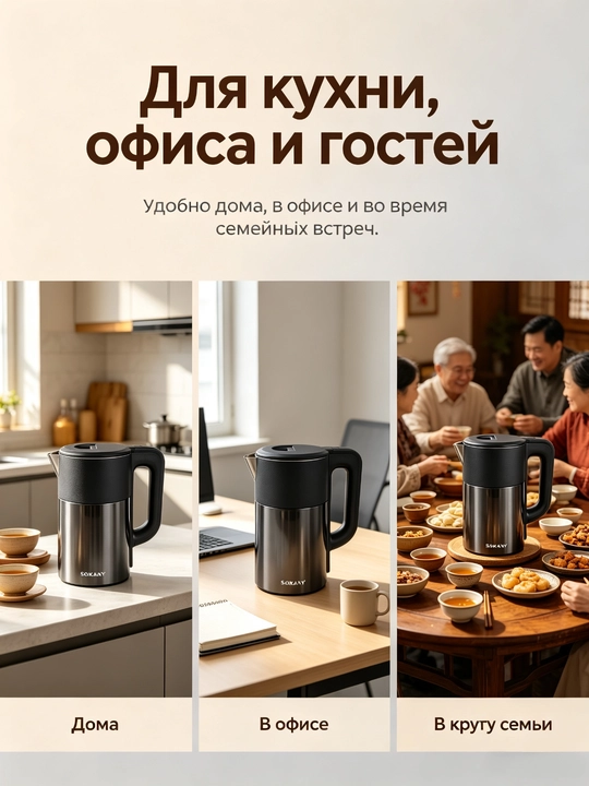 Электрочайник SOKANY SK-09016, 2,5 л, 1500 Вт, нержавеющая сталь, защита от сухого хода