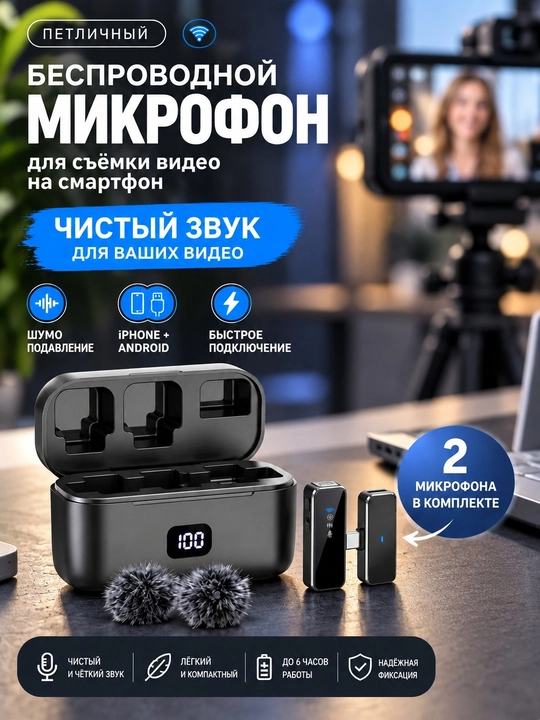 Беспроводной микрофон для телефона с шумоподавлением, петличка для iPhone и Android - 