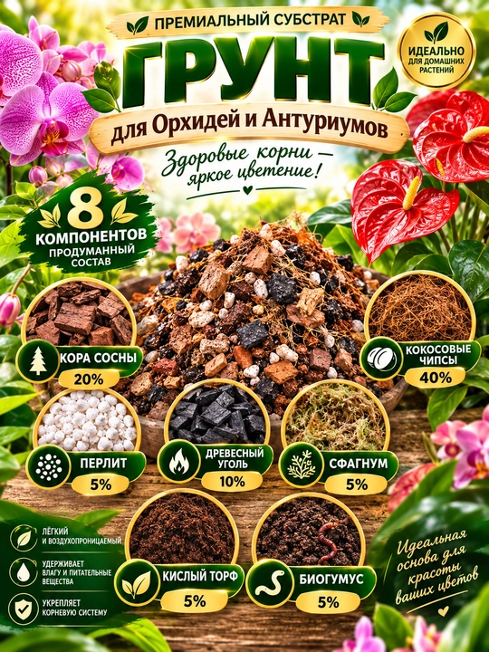 Грунт для Орхидей и Антуриумов, Готовый Субстрать, Идеальный Состав - 