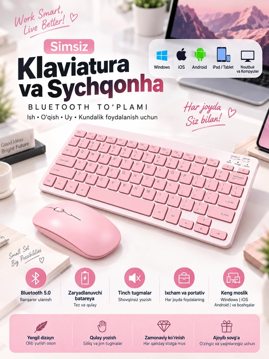 Simsiz Bluetooth klaviatura va sichqoncha, zaryadlanuvchi, Android iOS Windows