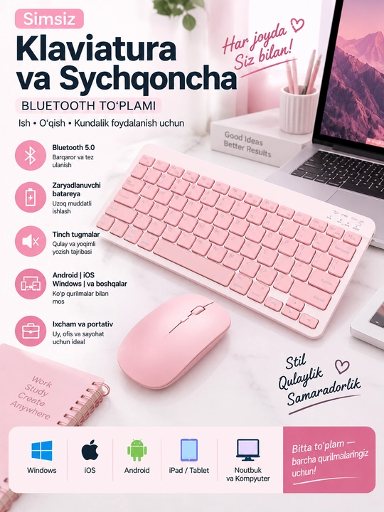 Simsiz Bluetooth klaviatura va sichqoncha, zaryadlanuvchi, Android iOS Windows