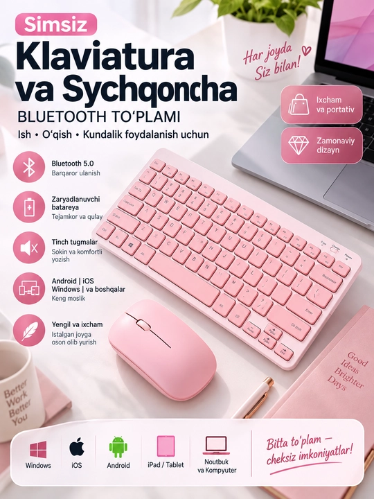 Simsiz Bluetooth klaviatura va sichqoncha, zaryadlanuvchi, Android iOS Windows