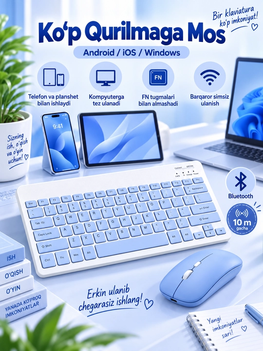 Simsiz Bluetooth klaviatura va sichqoncha, zaryadlanuvchi, Android iOS Windows