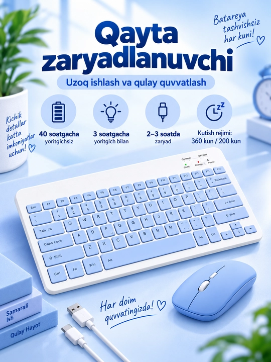 Simsiz Bluetooth klaviatura va sichqoncha, zaryadlanuvchi, Android iOS Windows