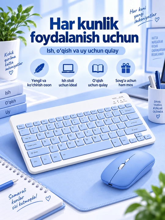 Simsiz Bluetooth klaviatura va sichqoncha, zaryadlanuvchi, Android iOS Windows