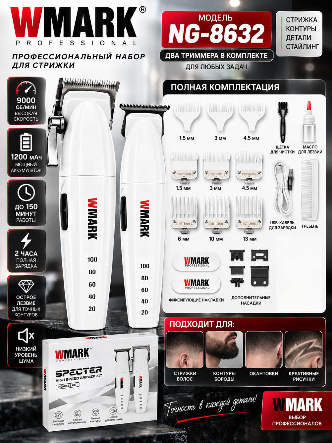 Набор машинок для стрижки Wmark Specter NG-8632KIT, профессиональный комплект - 