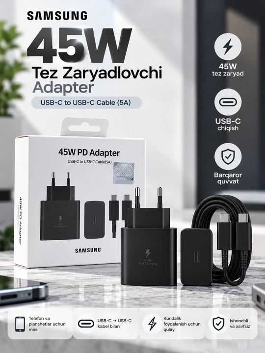 Samsung zaryadlash qurilmasi 45 Vt, 25 Vt, Type-C kabeli, tez zaryadlash qurilmasiv - 