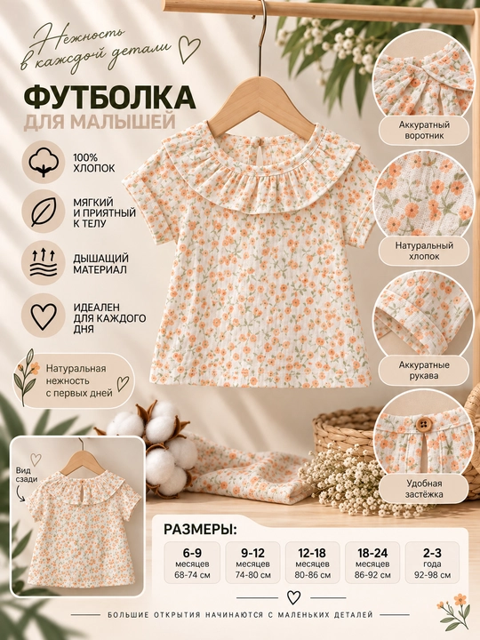 Муслиновая футболка Tiffany Baby, 100% хлопок, молочная с оранжевым цветочным принтом - 