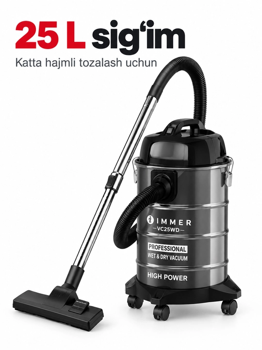 IMMER VC25WD changyutgichi, 25 litrli, quruq tozalash va suyuqlik yig‘ish uchun mo‘ljallangan, metall quvurli - 