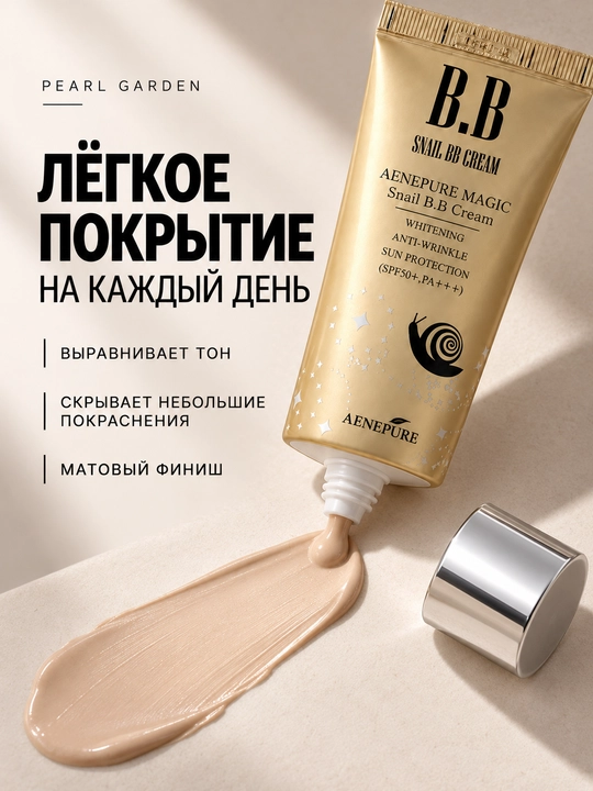 Yuz uchun tonal BB krem AENEPURE Magic Snail, salyangoz mutsini bilan, SPF 50+, 50 ml - 