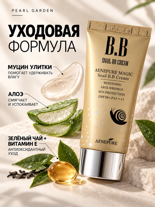 Yuz uchun tonal BB krem AENEPURE Magic Snail, salyangoz mutsini bilan, SPF 50+, 50 ml
