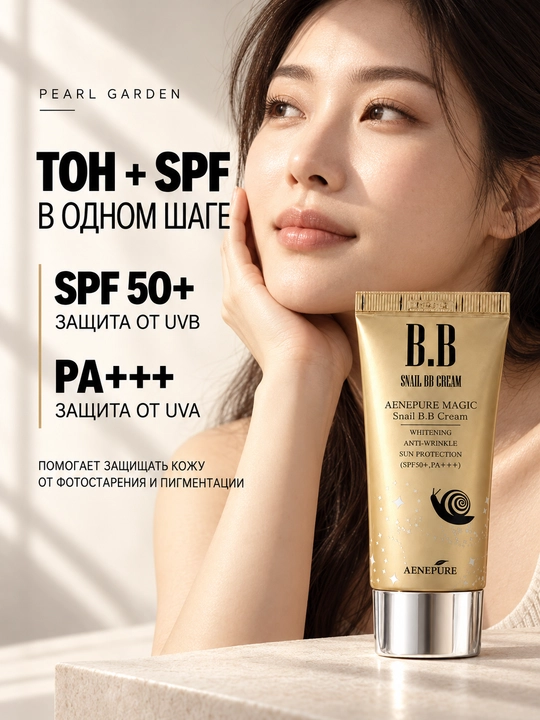 Yuz uchun tonal BB krem AENEPURE Magic Snail, salyangoz mutsini bilan, SPF 50+, 50 ml