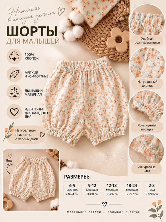 Муслиновые шорты Tiffany Baby, 100% хлопок, молочные с оранжевым цветочным принтом - 