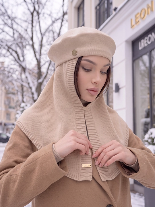 Ayollar qishki to'plami: beret shapka, shapkali romol, shapka sharf