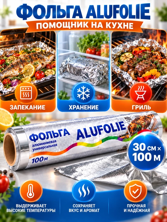 Алюминиевая Пищевая фольга ALUFOLIE 30 см х 100 метр в рулоне