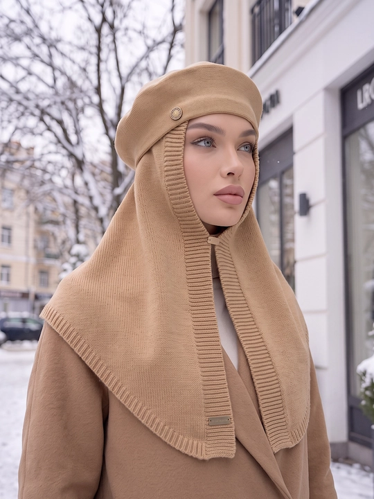 Ayollar qishki to'plami: beret shapka, shapkali romol, shapka sharf