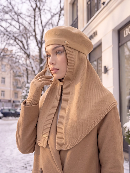 Ayollar qishki to'plami: beret shapka, shapkali romol, shapka sharf