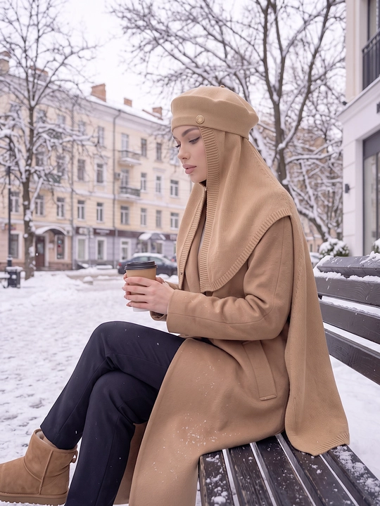 Ayollar qishki to'plami: beret shapka, shapkali romol, shapka sharf