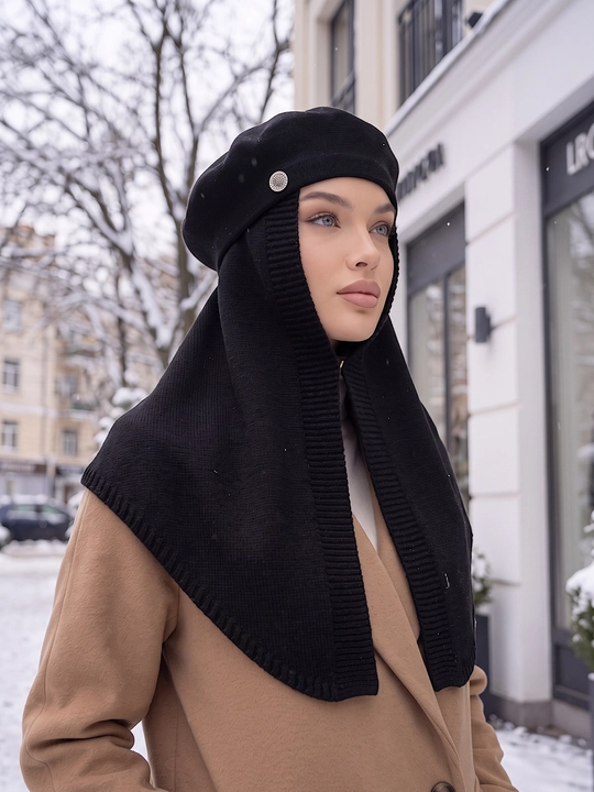 Ayollar qishki to'plami: beret shapka, shapkali romol, shapka sharf