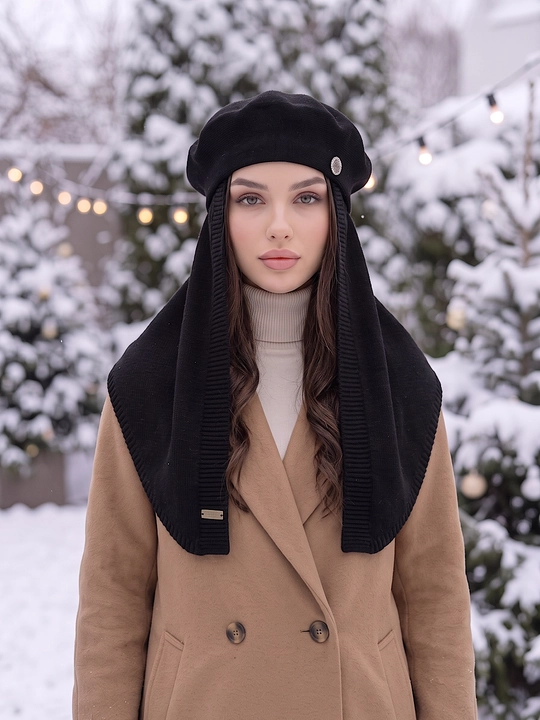 Ayollar qishki to'plami: beret shapka, shapkali romol, shapka sharf