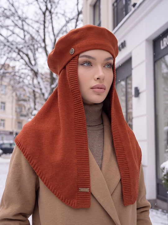 Ayollar qishki to'plami: beret shapka, shapkali romol, shapka sharf