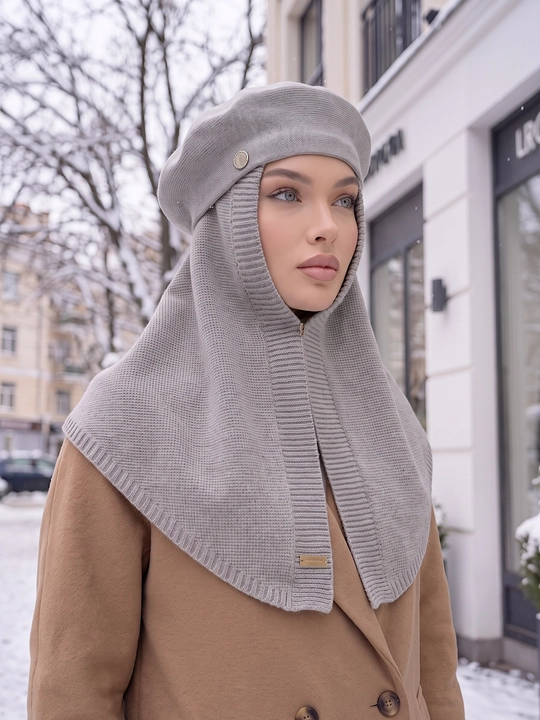 Ayollar qishki to'plami: beret shapka, shapkali romol, shapka sharf