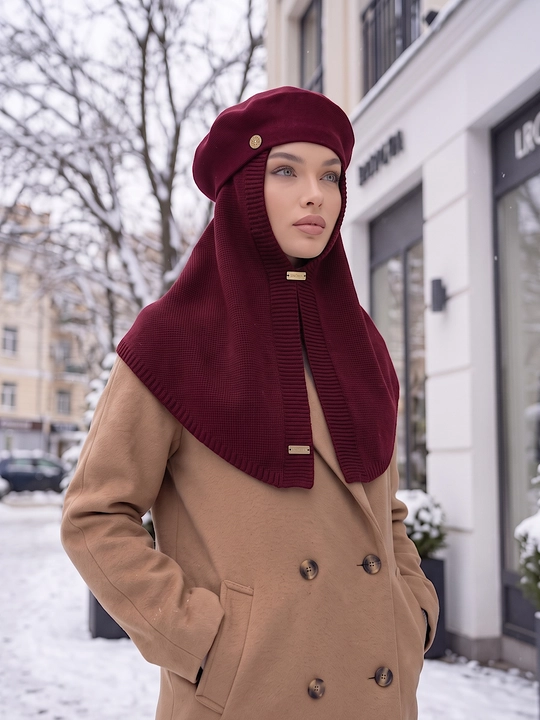 Ayollar qishki to'plami: beret shapka, shapkali romol, shapka sharf
