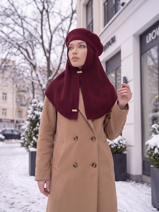 Ayollar qishki to'plami: beret shapka, shapkali romol, shapka sharf