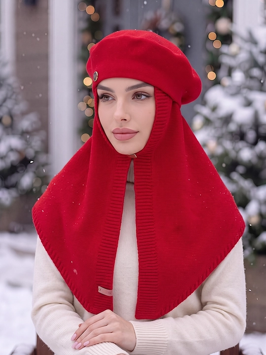 Ayollar qishki to'plami: beret shapka, shapkali romol, shapka sharf
