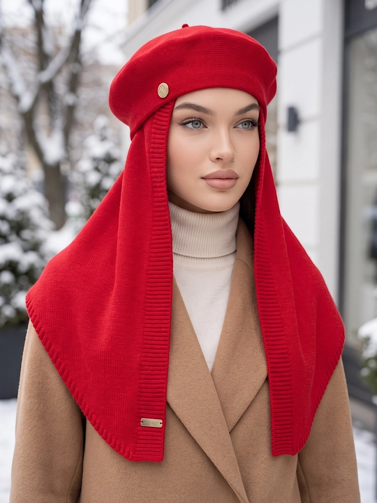 Ayollar qishki to'plami: beret shapka, shapkali romol, shapka sharf