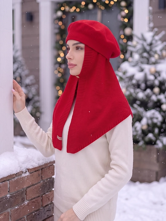 Ayollar qishki to'plami: beret shapka, shapkali romol, shapka sharf