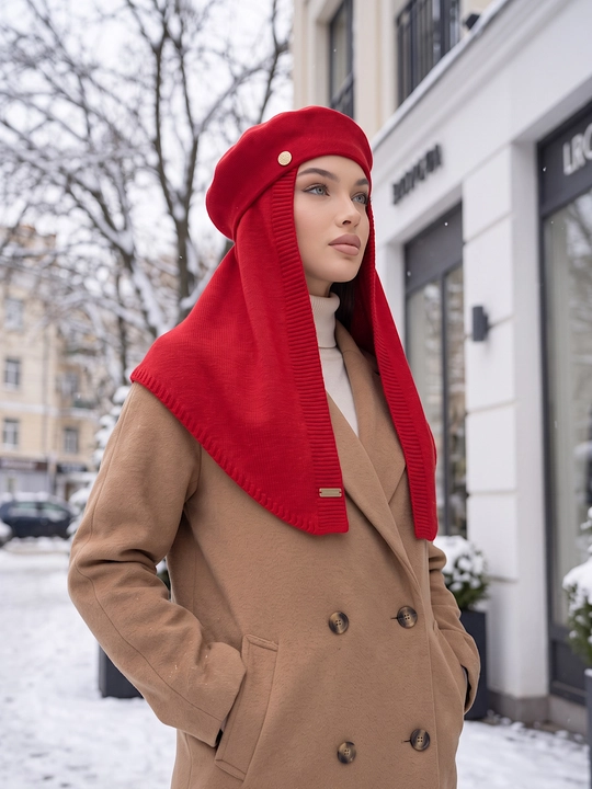 Ayollar qishki to'plami: beret shapka, shapkali romol, shapka sharf