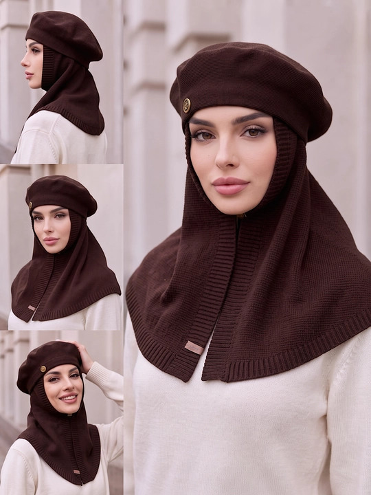 Ayollar qishki to'plami: beret shapka, shapkali romol, shapka sharf