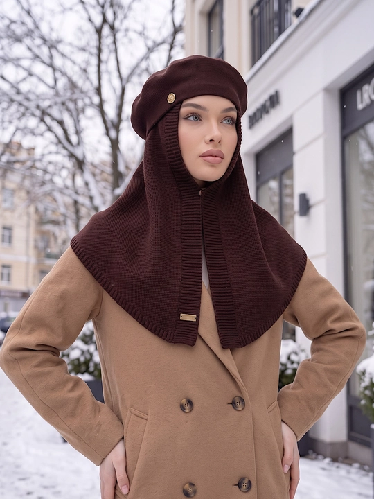 Ayollar qishki to'plami: beret shapka, shapkali romol, shapka sharf