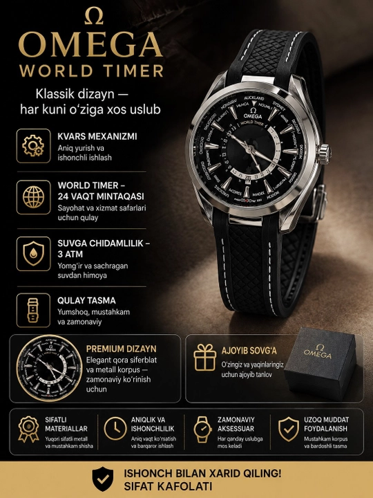 Omega World Timer rezina tasmali erkaklar qo‘l soati - 