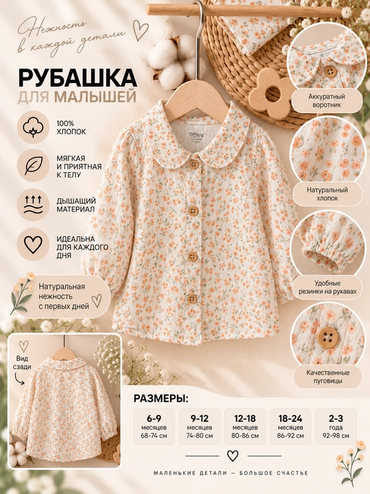 Муслиновая рубашка Tiffany Baby, 100% хлопок, молочная с оранжевым цветочным принтом - 