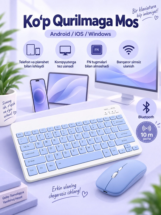 Simsiz Bluetooth klaviatura va sichqoncha, zaryadlanuvchi, Android iOS Windows