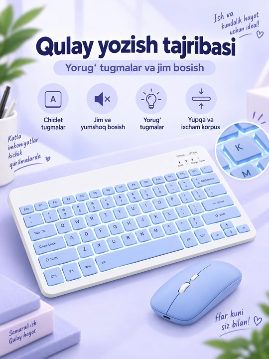 Simsiz Bluetooth klaviatura va sichqoncha, zaryadlanuvchi, Android iOS Windows